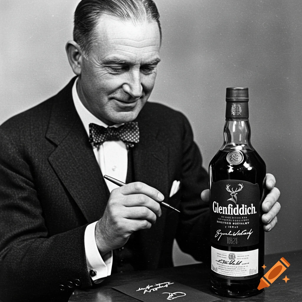 Black and white photo of a man in a suit holding a Glenfiddich whiskey bottle and signing a card with a pen.