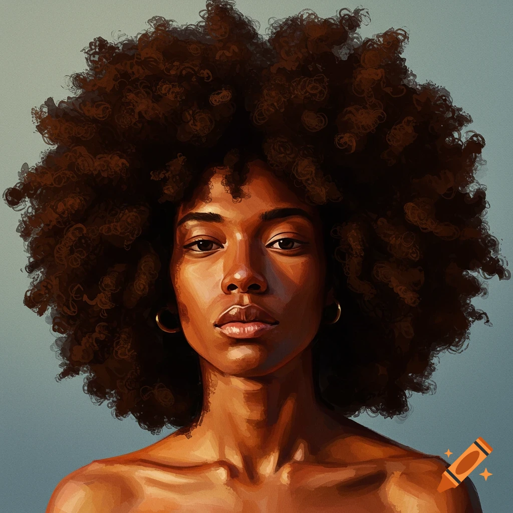 A portrait of a person with large, dark curly hair looking directly at the viewer.