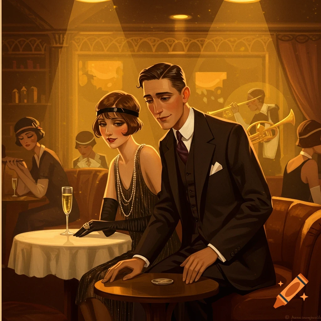 Illustration of a couple in 1920s attire sitting at a table in a jazz club with a band.