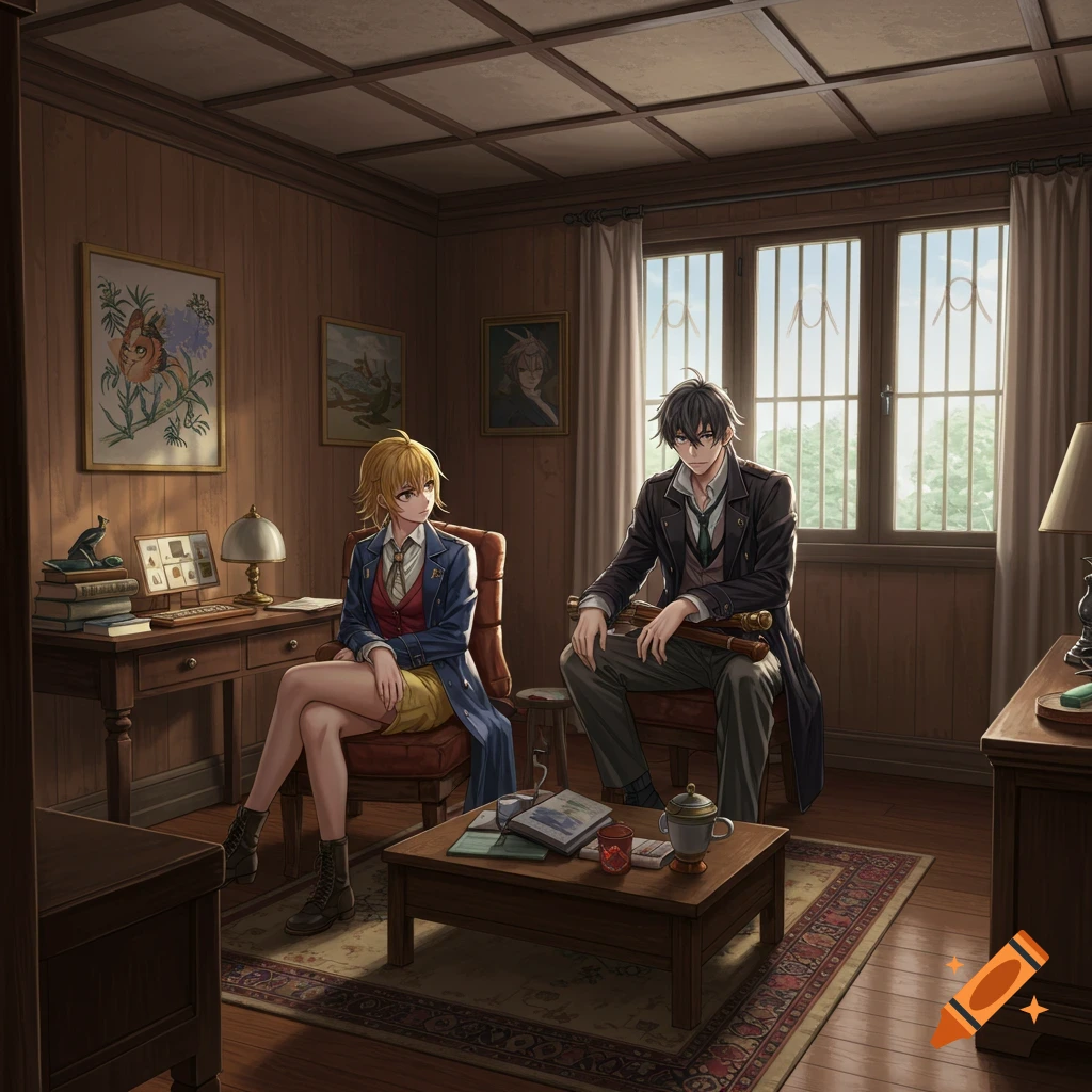 Two anime characters, a woman and a man, sit in a detailed, wood-paneled room with a desk and coffee table. Anime style.