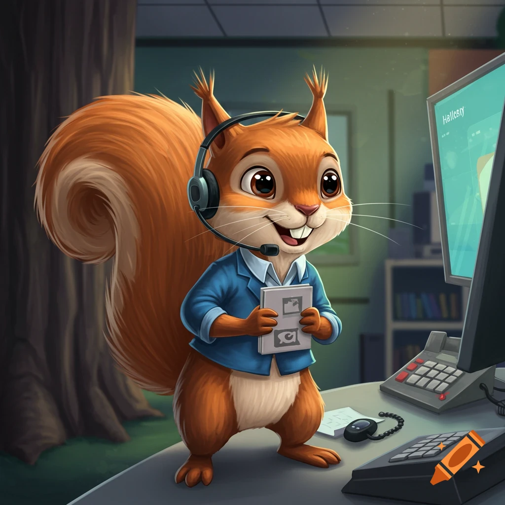 Cartoon squirrel wearing a headset at a call center desk.