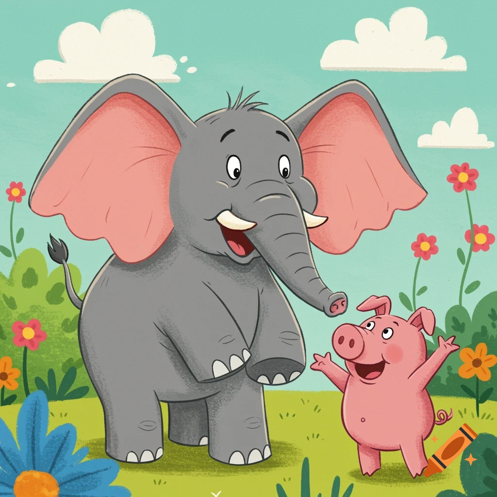 A cartoon illustration of a large grey elephant looking down at a small pink pig in a field of flowers.