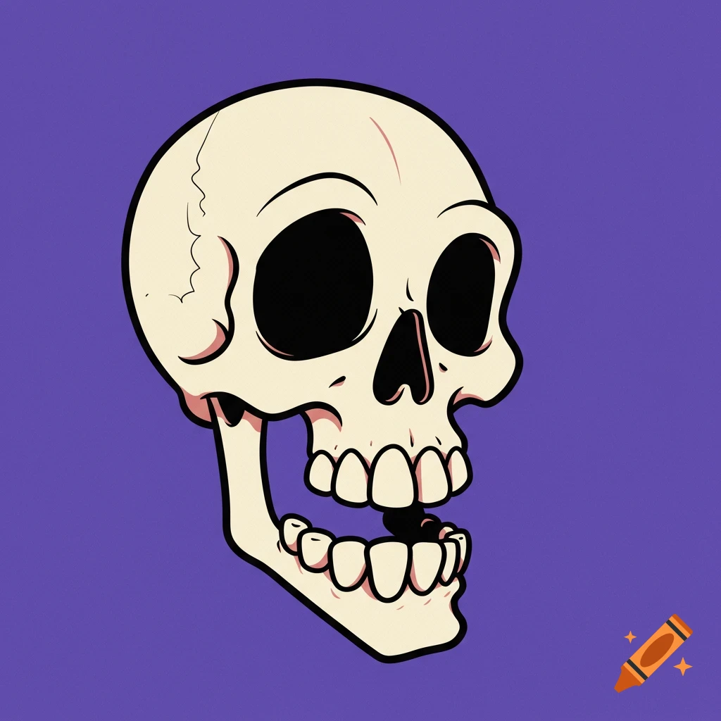 A cartoon skull in rubberhose art style on a purple background.