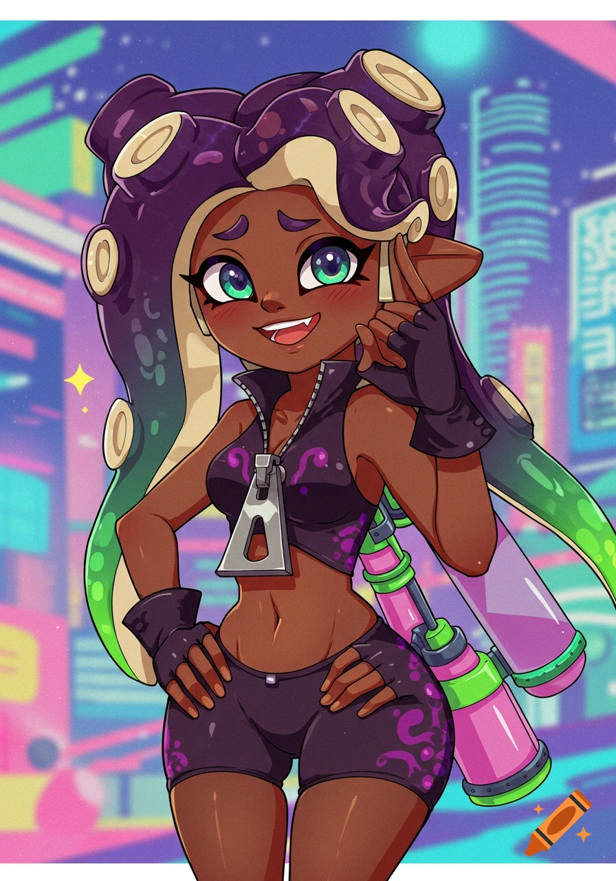 A smiling anime girl with dark skin and tentacles, wearing shorts and a crop top, stands against a city background.