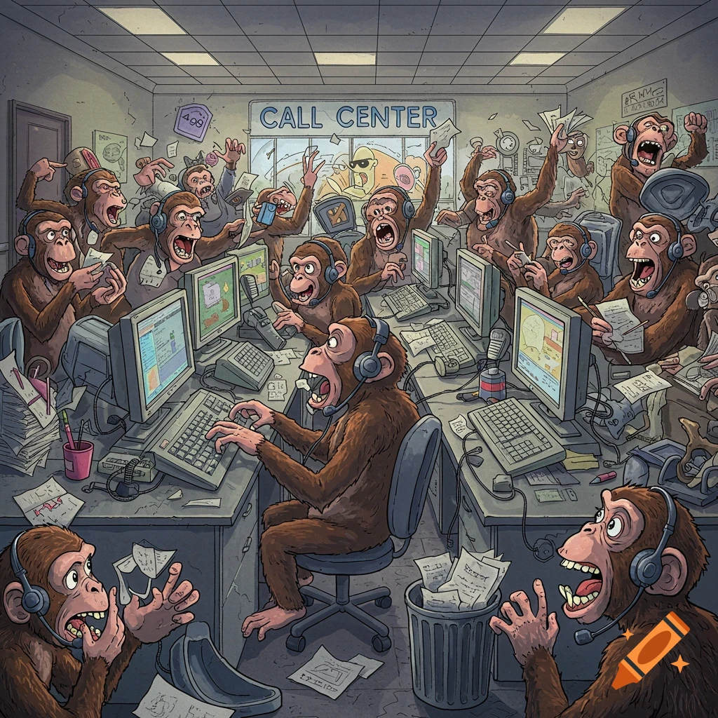 Illustration of a chaotic call center staffed by monkeys wearing headsets.