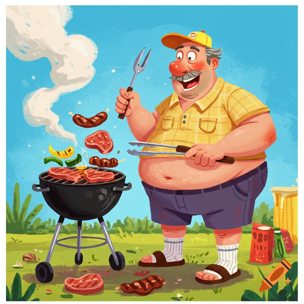 Cartoon illustration of a happy dad grilling steaks and sausages outdoors.