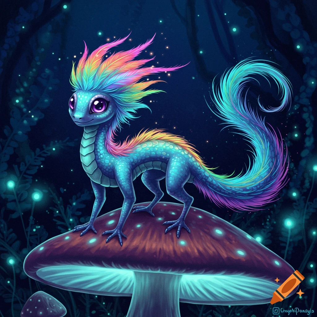 A vibrant blue fantasy creature with rainbow feathers stands on a large glowing mushroom in a dark forest.