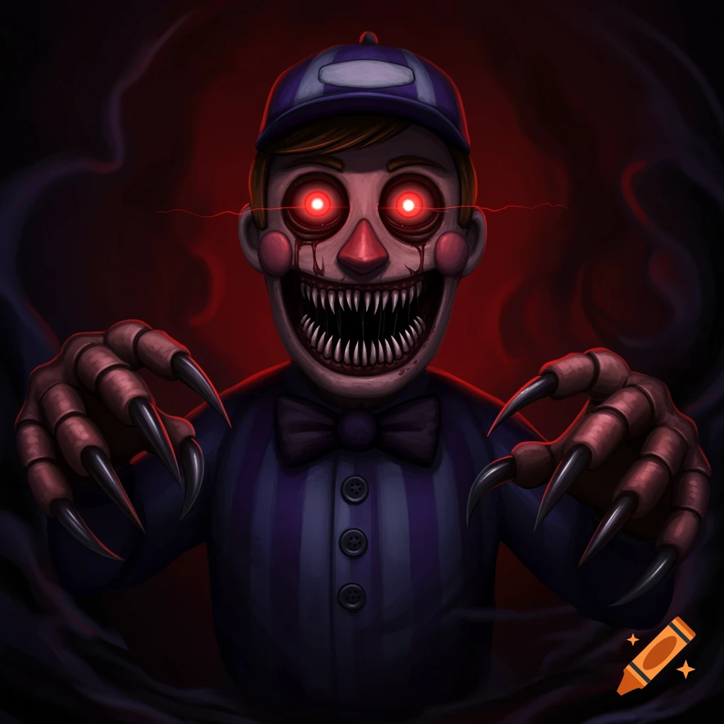 A creepy monstrous character with sharp teeth, glowing red eyes, and claws in a dark, horror art style.
