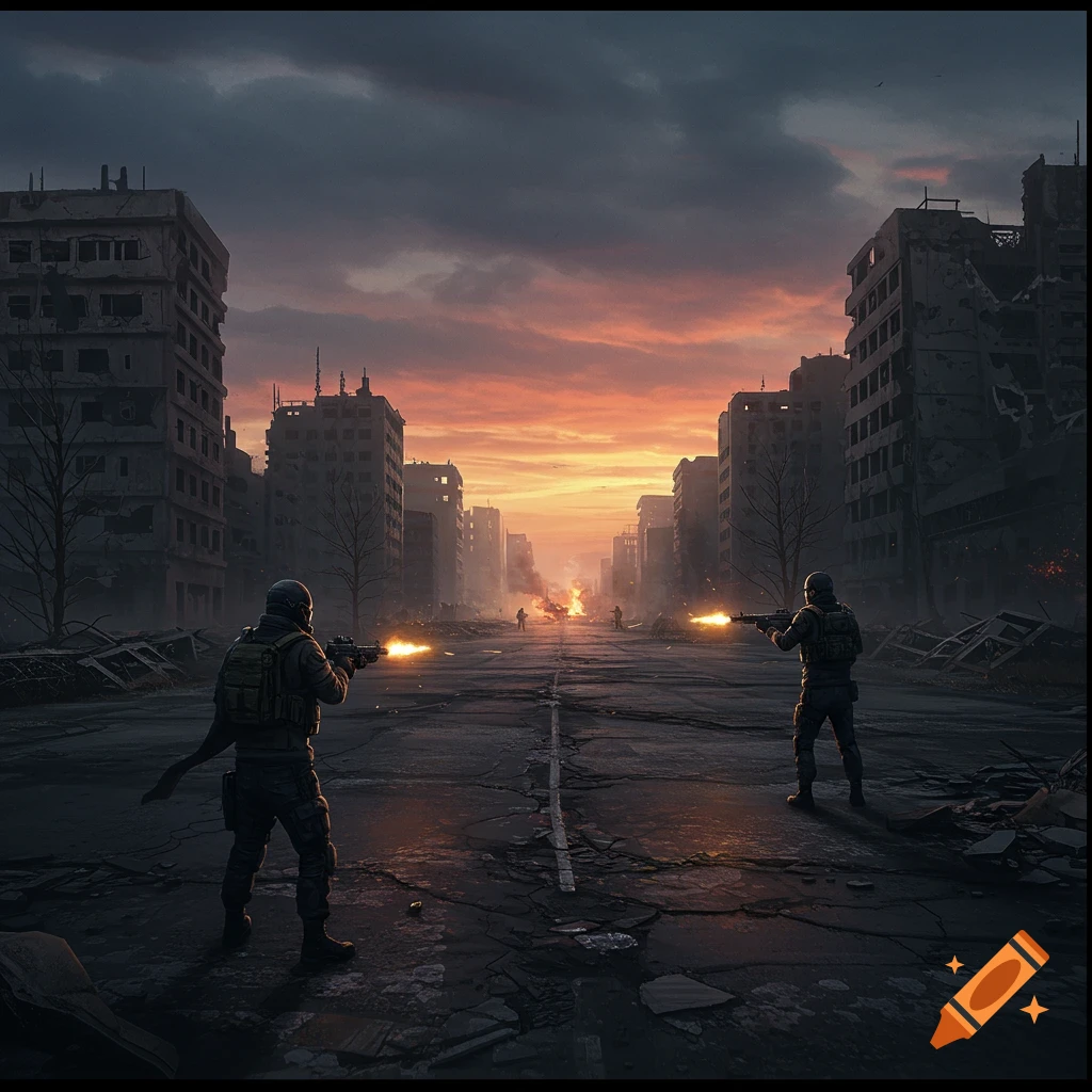 Two soldiers fire weapons in a destroyed city street at dusk.
