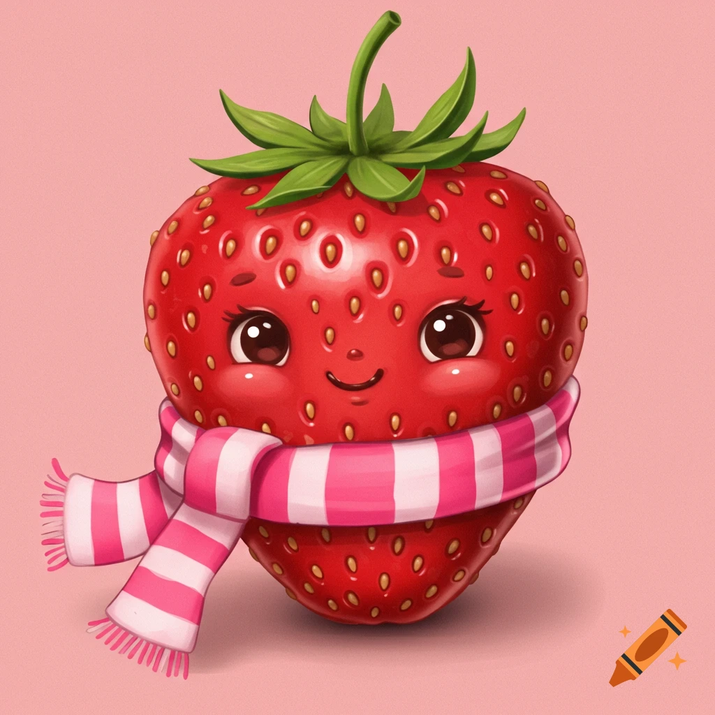 Cartoon illustration of a strawberry character wearing a pink and white scarf