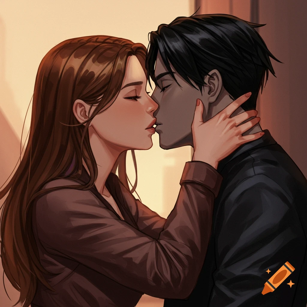 Stylized illustration of a couple kissing