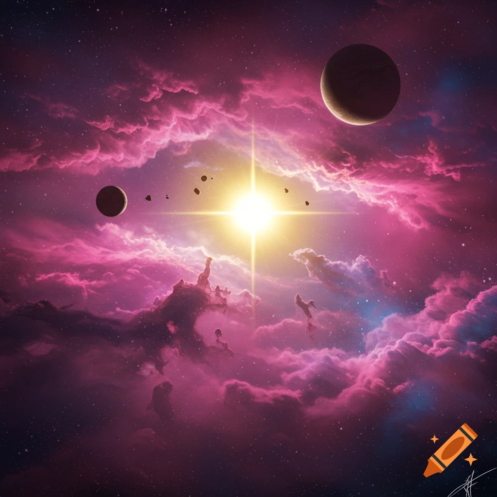 A bright starburst in a pink and purple nebula with planets and asteroids