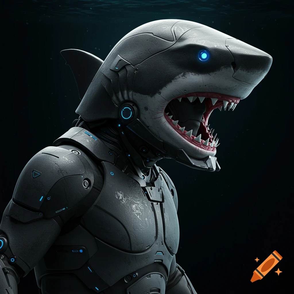 Profile view of a detailed robotic suit with a shark head helmet in a dark environment.