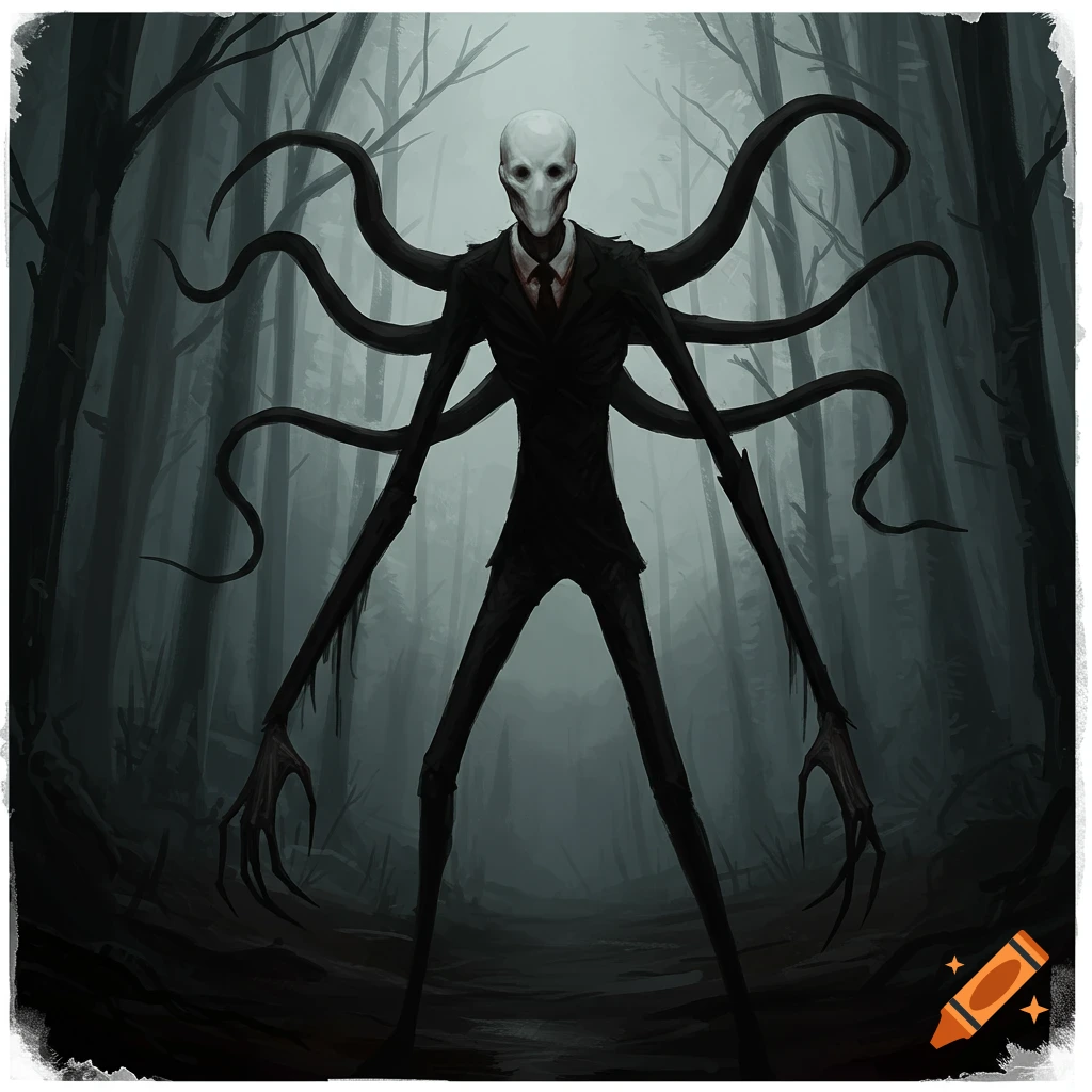 Slender Man standing in a dark, misty forest.