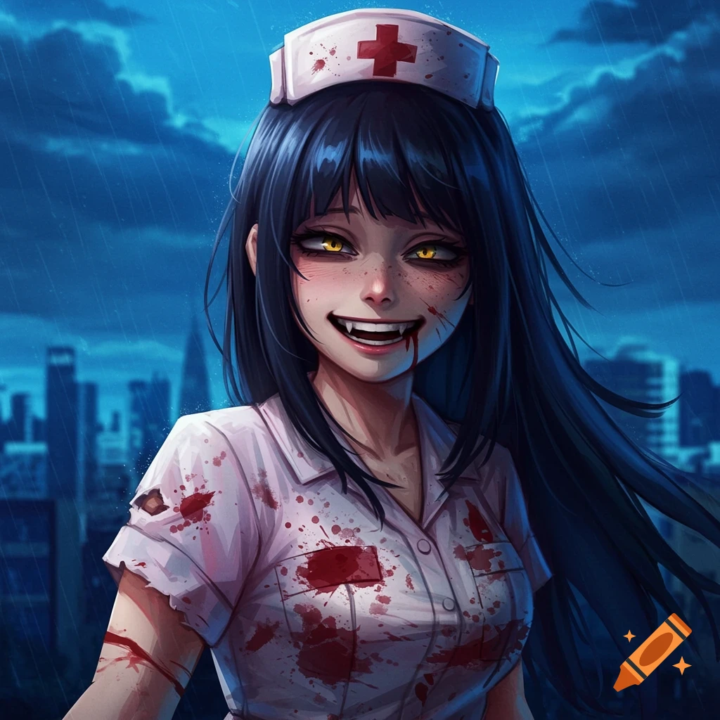 Anime illustration of a blood-splattered zombie nurse with fangs and glowing eyes against a city background.