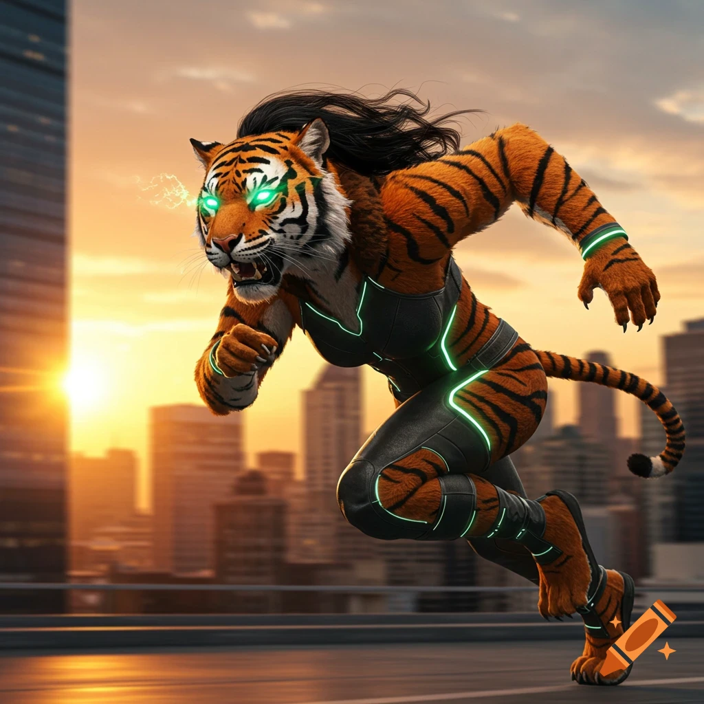 Superhero tiger woman with glowing green eyes running through a city street.