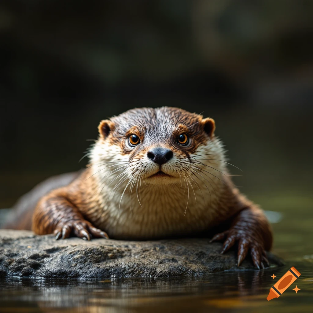 Photorealistic close-up of an otter on a rock in water.