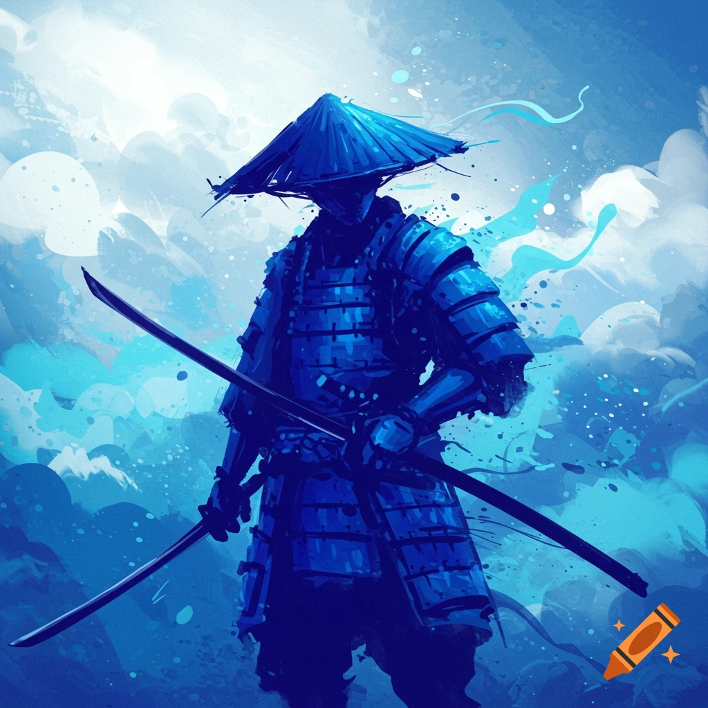 Abstract illustration of a blue armored samurai with swords against a blue background