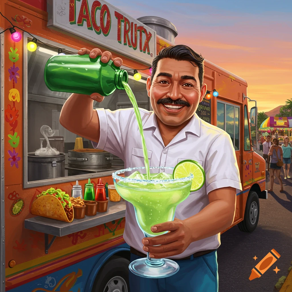 A man pours a green drink into a glass in front of a "Taco Trutx" food truck at dusk.