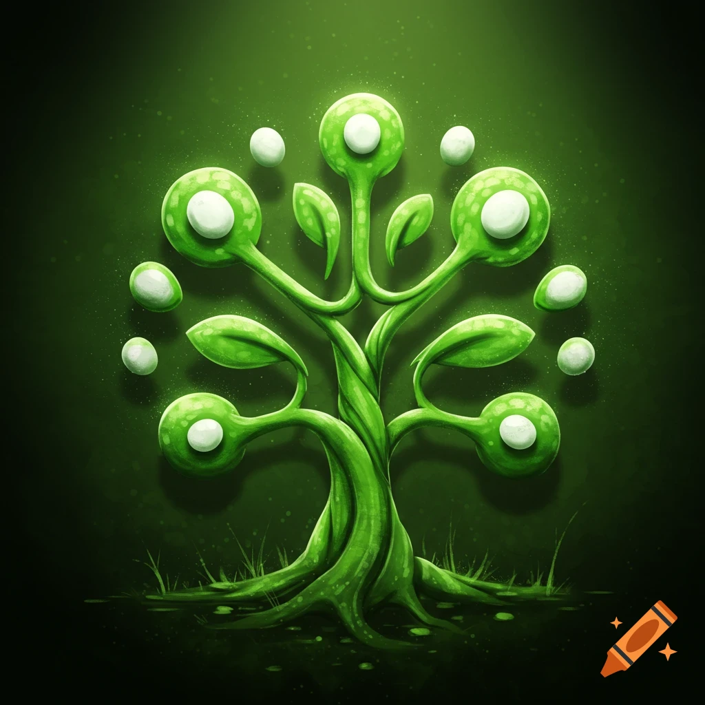 Stylized glowing green plant with spheres on a dark background