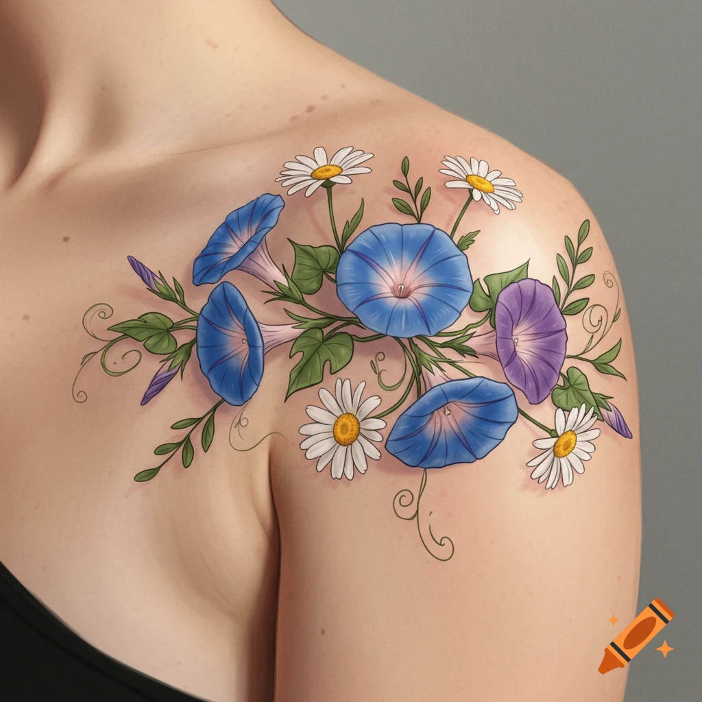 Morning glory and daisy flowers tattooed on a shoulder. on Craiyon, image size:1024x1024