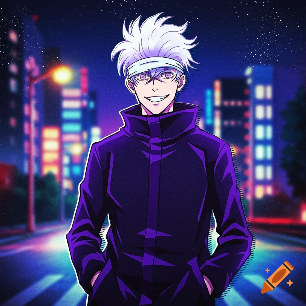 Anime illustration of a man with white spiky hair and a purple jacket standing on a city street at night