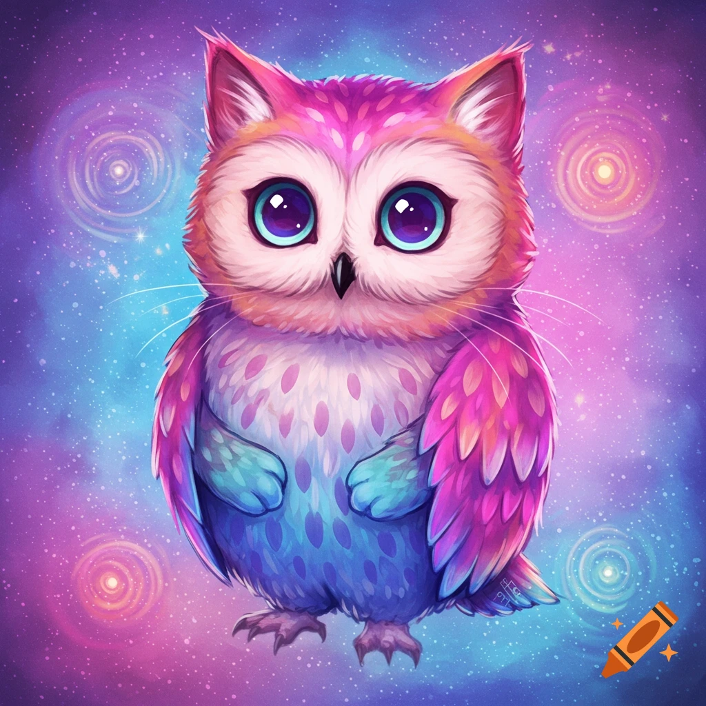 Cute colorful owl-cat illustration against a purple and blue starry space background.
