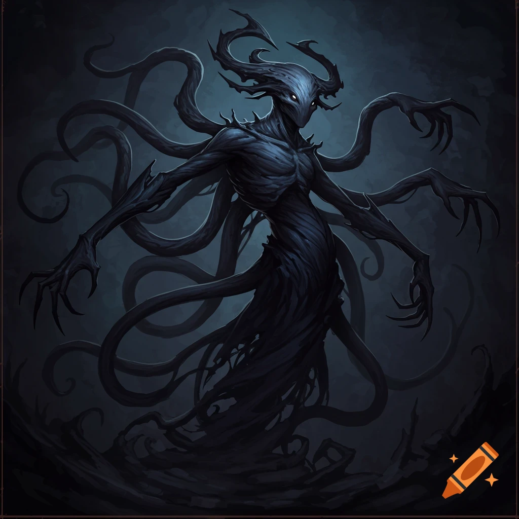 A dark, shadowy eldritch creature with tendrils for arms and a gaunt, horned head, standing against a dark background.