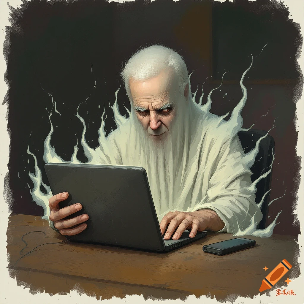 An old man with a long white beard intensely uses a laptop with white smoke or spectral trails around him in a dark room.