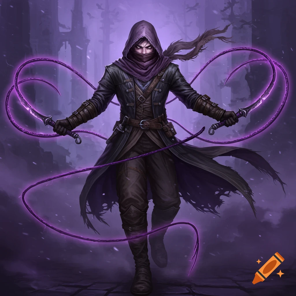 A hooded figure in a dark coat holds glowing purple whips in a snowy fantasy setting.