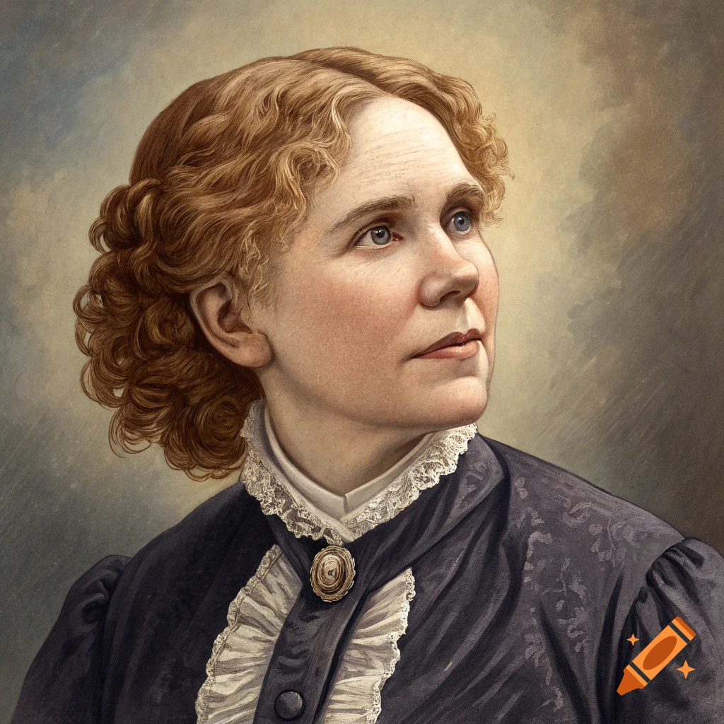 Portrait painting of a woman in historical clothing looking upwards.