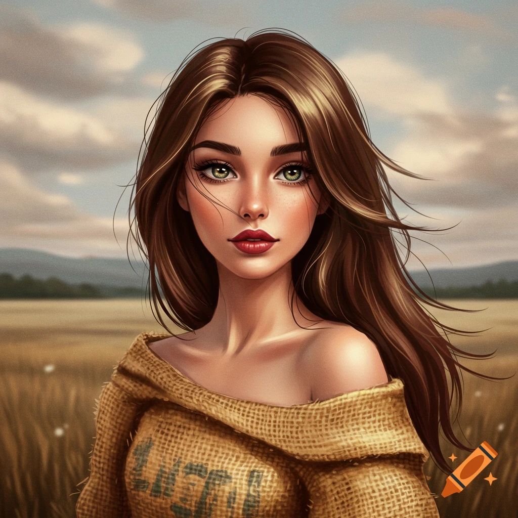 Digital illustration of a woman with long brown hair wearing a burlap sack in a field