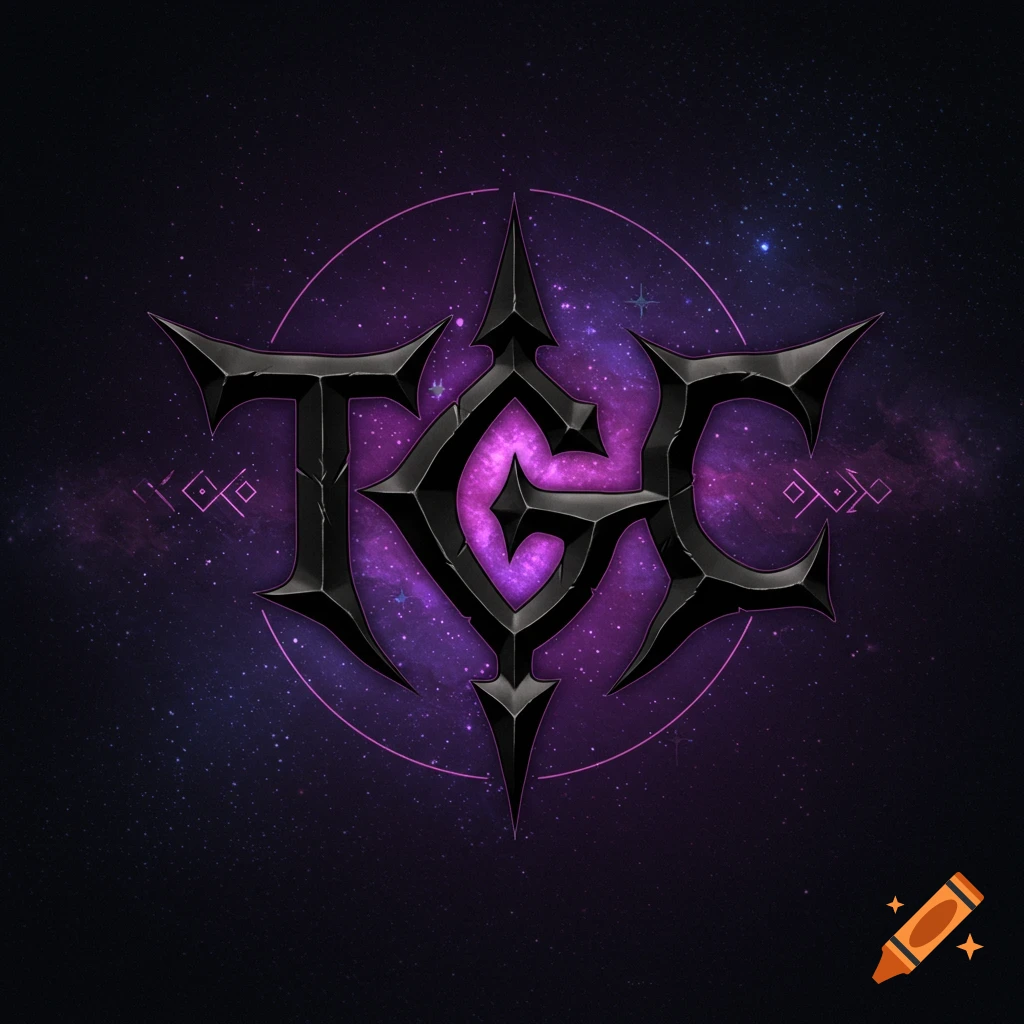 Logo with stylized letters TGC in black metal against a purple space nebula.