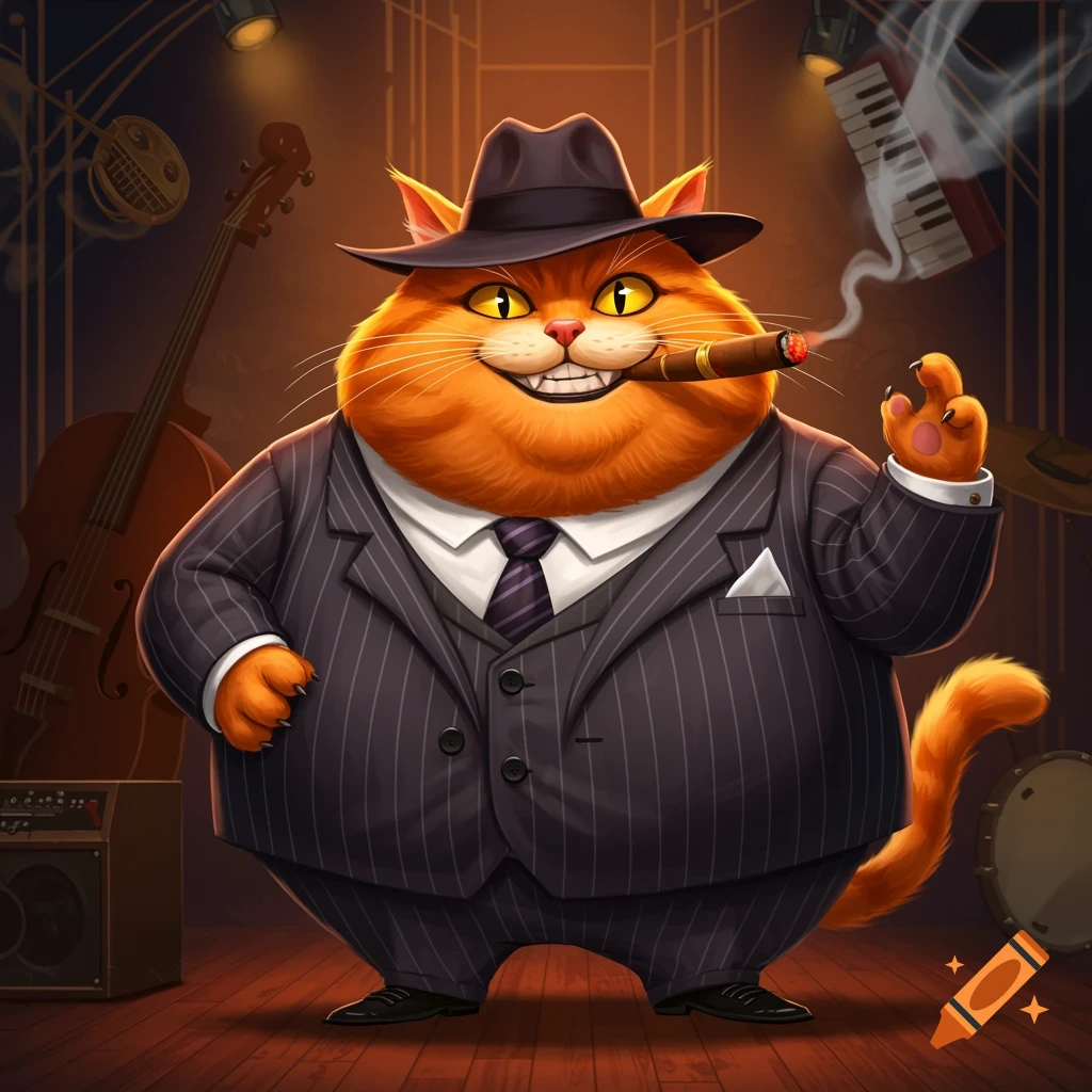 Illustration of a fat orange cat dressed in a pinstripe suit and fedora, smoking a cigar, on a stage.