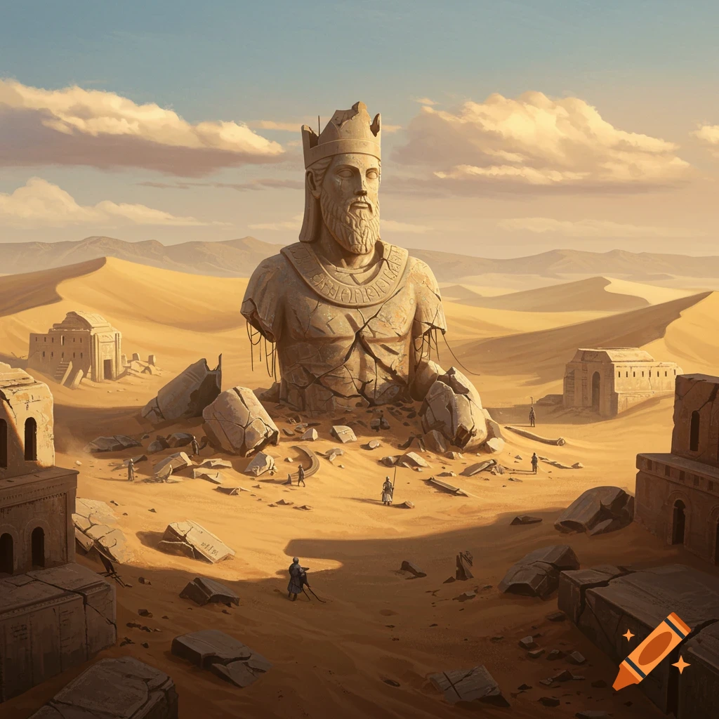 Ruined stone statue bust of a king sits in a desert landscape surrounded by rubble and smaller figures.