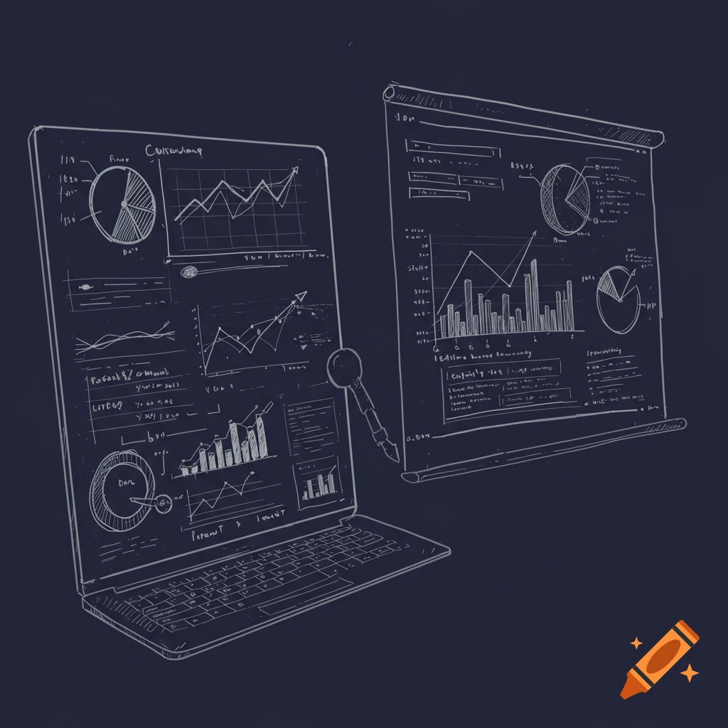Sketch illustration of charts and graphs on a laptop and projector screen.