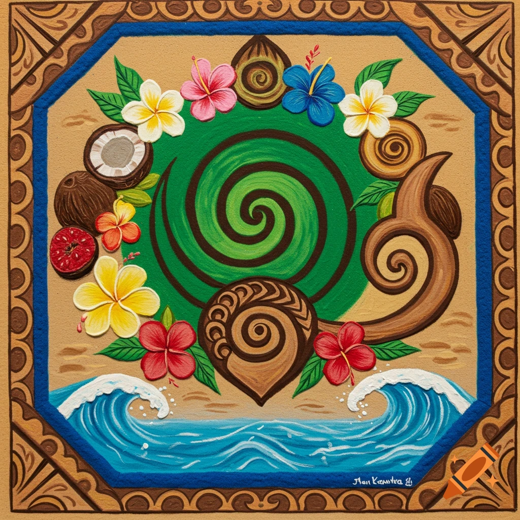 Polynesian-inspired sand art featuring a green spiral, fishhook, tropical flowers, coconuts, waves, and patterned borders.