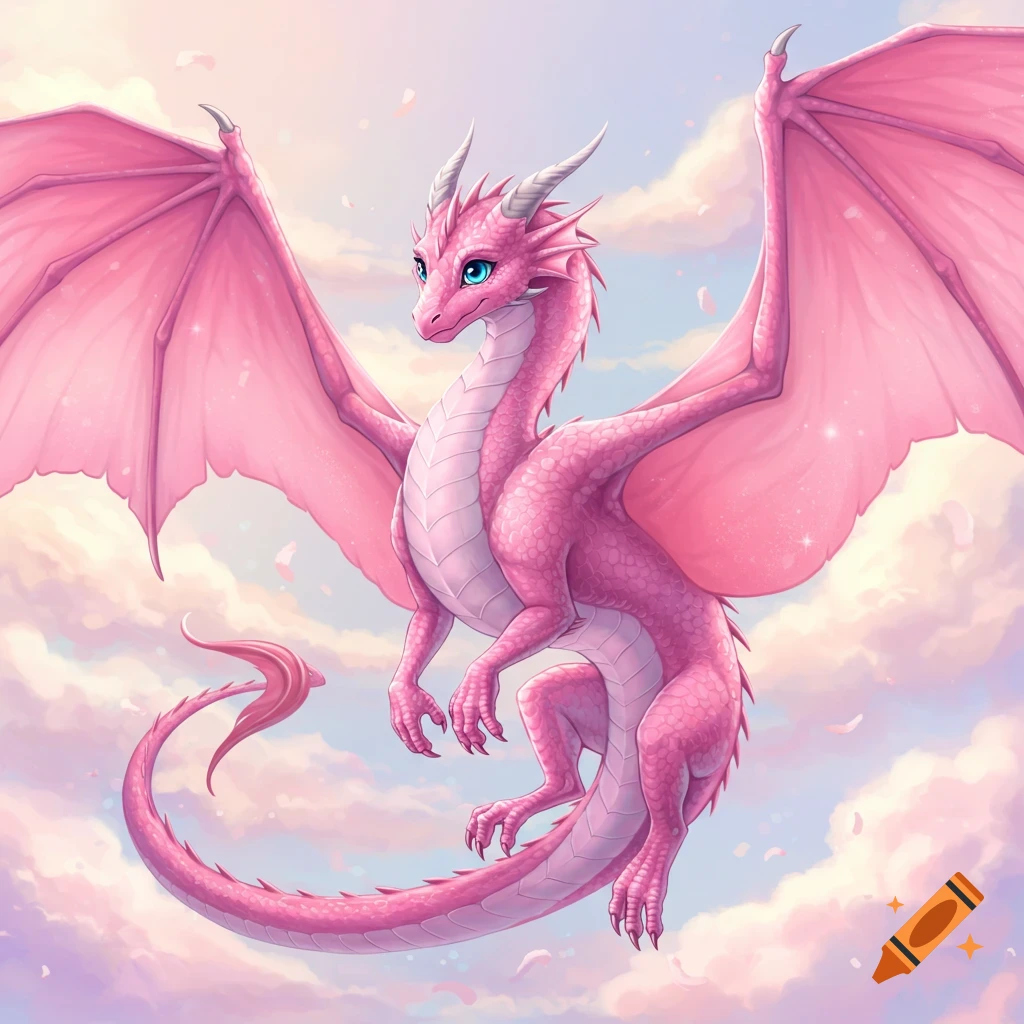 A pink fantasy dragon flies through a cloudy sky.
