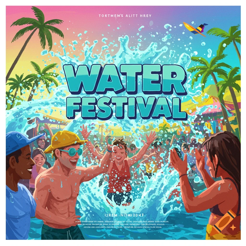 Vibrant poster for a water festival with people splashing, palm trees, and the text "WATER FESTIVAL".