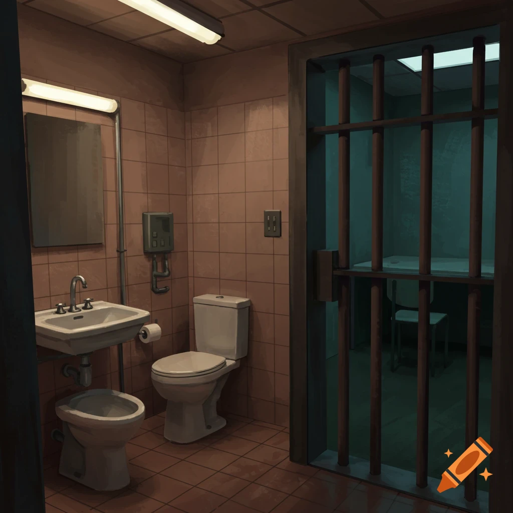 Illustration of a jail cell bathroom with a sink, toilet, and bidet, looking into the cell area through bars.