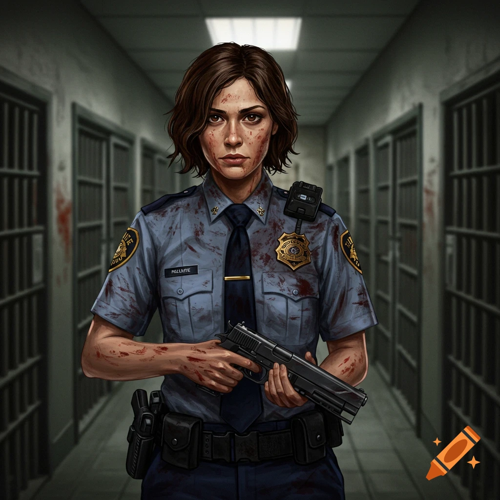 Female police officer covered in blood stands in a jail corridor, holding a gun.