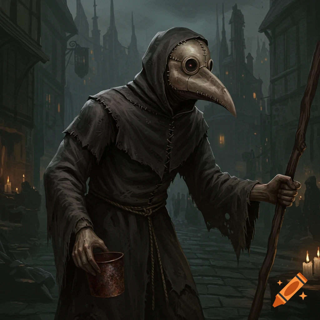 A figure in a plague doctor mask and robe walks down a dark, cobbled street.