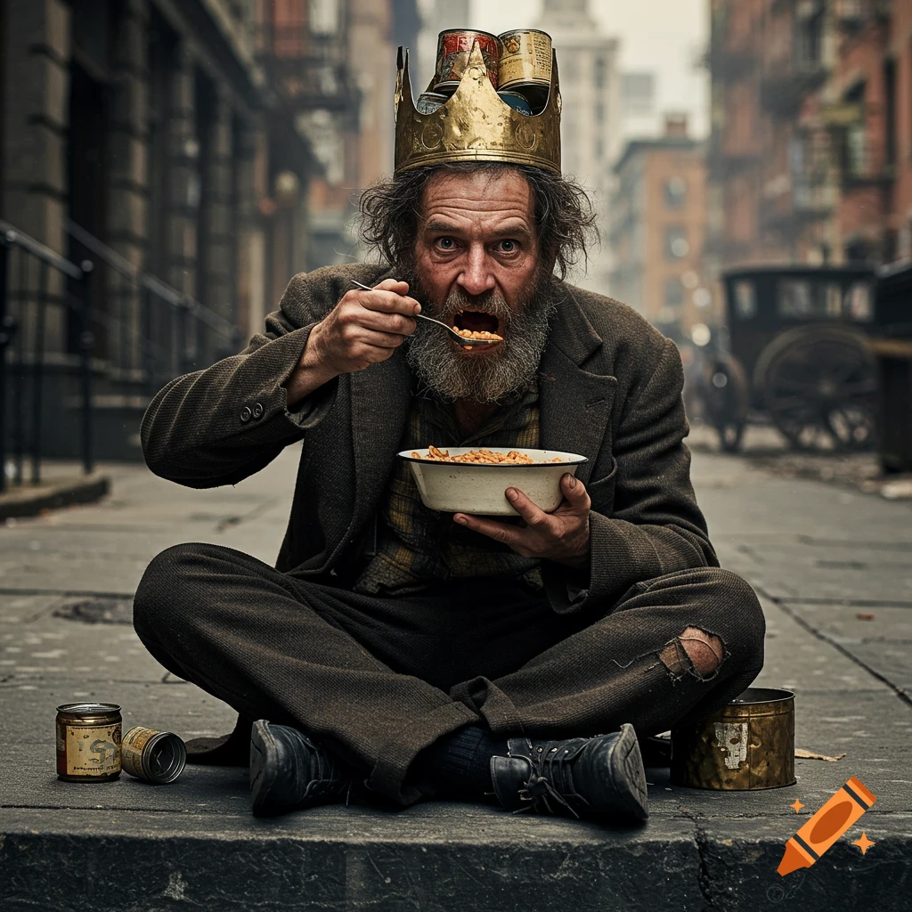 A bearded man in worn clothes wearing a crown made of cans sits on a sidewalk eating from a bowl in a realistic photo.