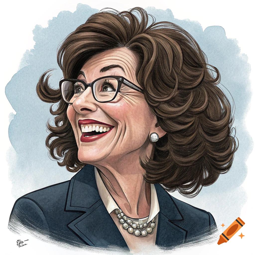 Caricature portrait of a smiling woman in a suit and glasses, with a watercolor background.