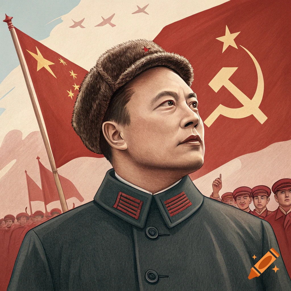 Illustration of a man resembling Elon Musk dressed as Mao, in propaganda style with flags and crowd.