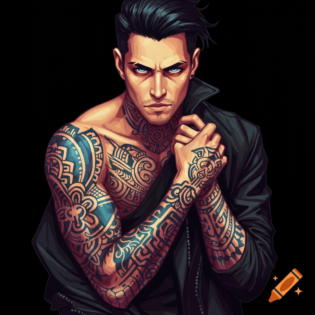 A stylized illustration of a man with extensive tribal tattoos on his arms, chest, and neck, wearing an open black jacket.