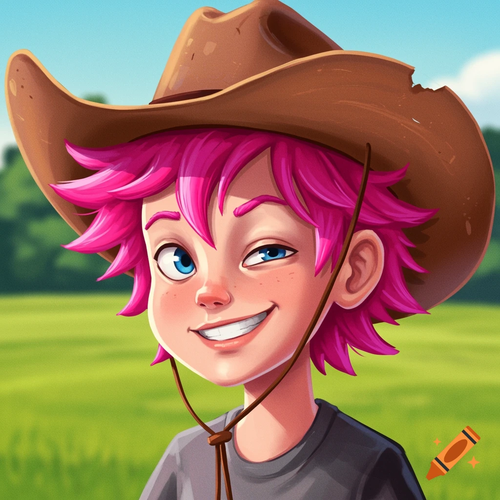 A cartoon portrait of a smiling child with pink hair and a cowboy hat in a field.