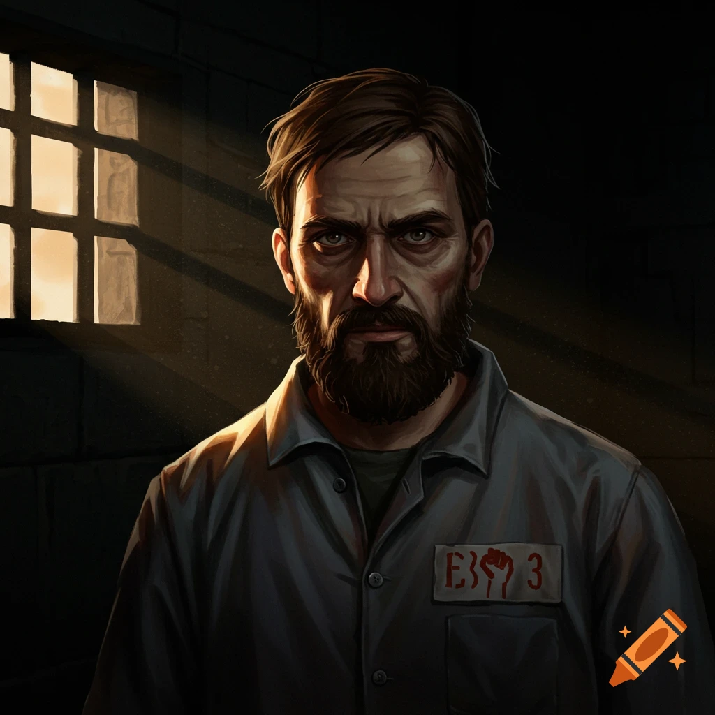 Illustrative portrait of a man in a prison uniform looking at the viewer, light streaming from a barred window.