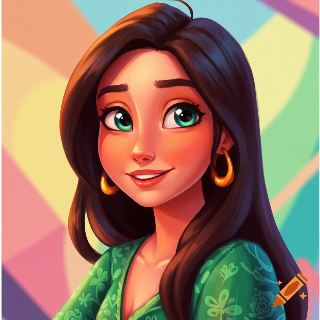 Stylized portrait of a woman with green eyes, brown hair, in a green dress with gold earrings.