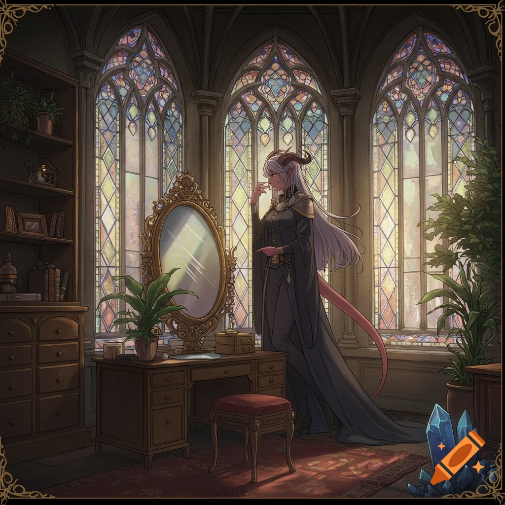 Anime illustration of a tiefling woman looking in a mirror in a gothic castle room with stained glass windows.